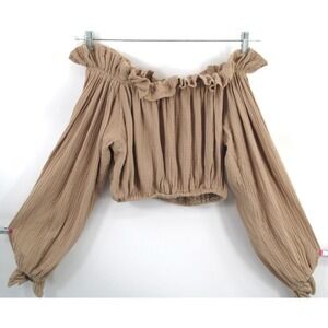 BOHEME Beige Peasant Crop Top Women 2 Ruffled Off Shoulder Cotton Puff Sleeve
